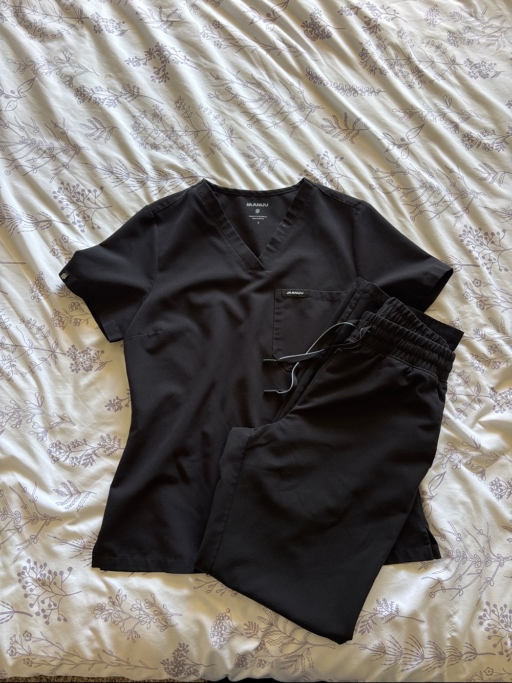 Jaanuu Black V-Neck Scrub Top and Straight Leg Pants Set